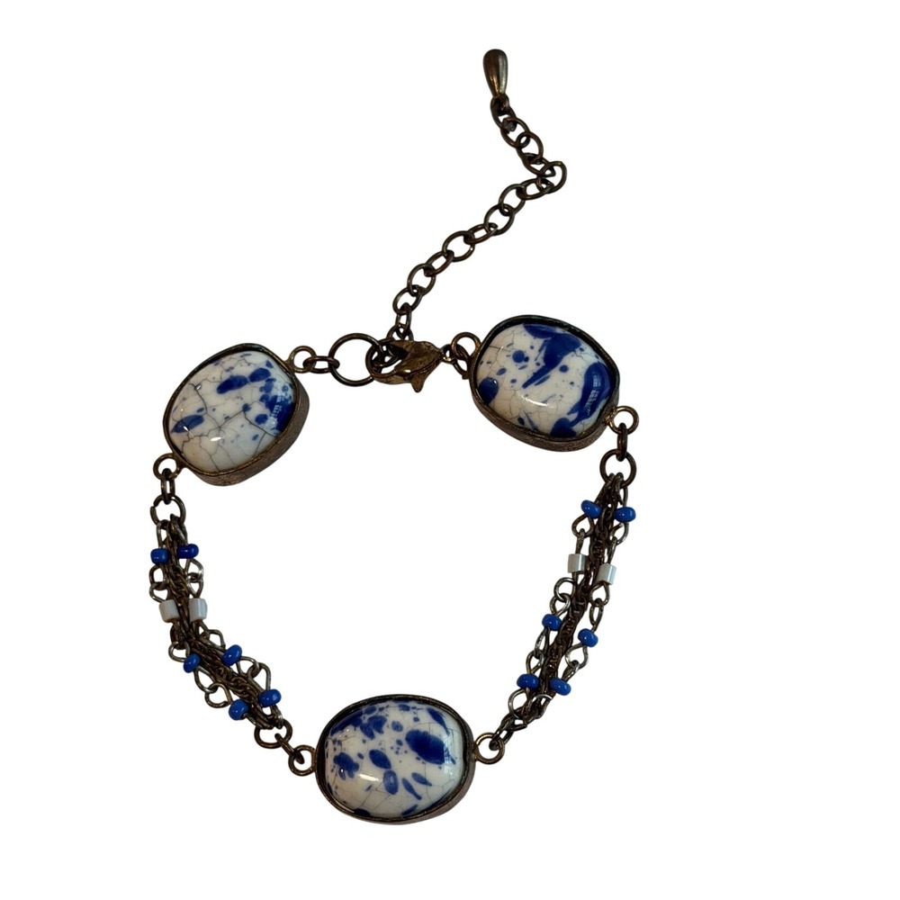 Blue White Crackle Glass Cabochon Multi Chain Bracelet Boho Artisan Style